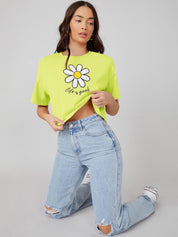 Kotty Yellow Floral Printed Round Neck Drop-Shoulder Sleeves Oversized Crop T-shirt