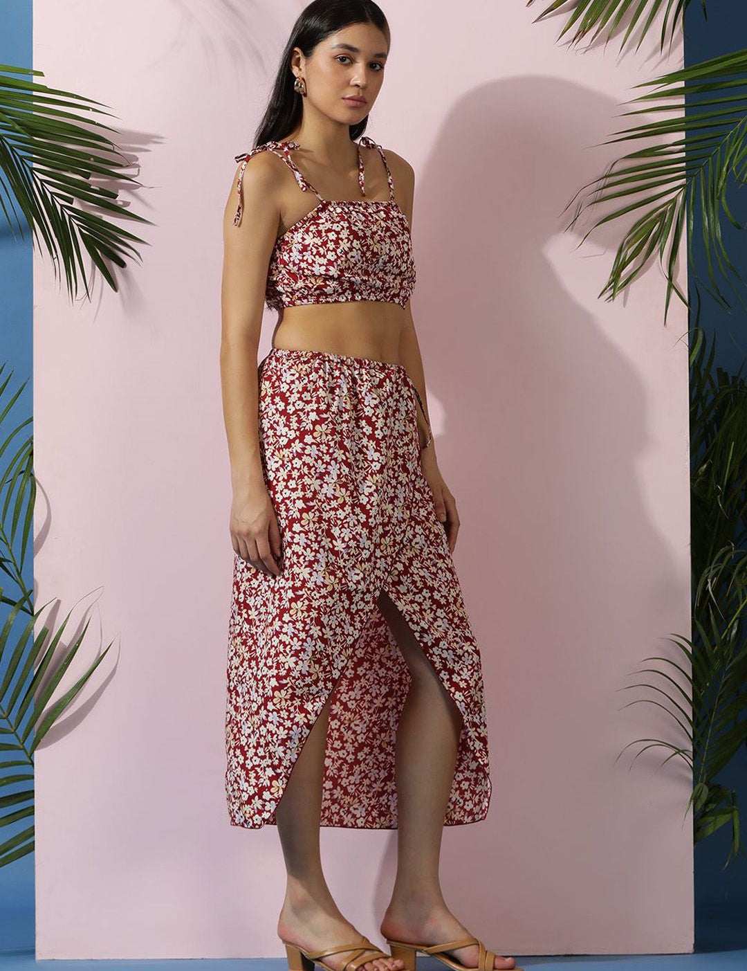 Kotty Red Floral Printed Shoulder Straps Top With Skirt