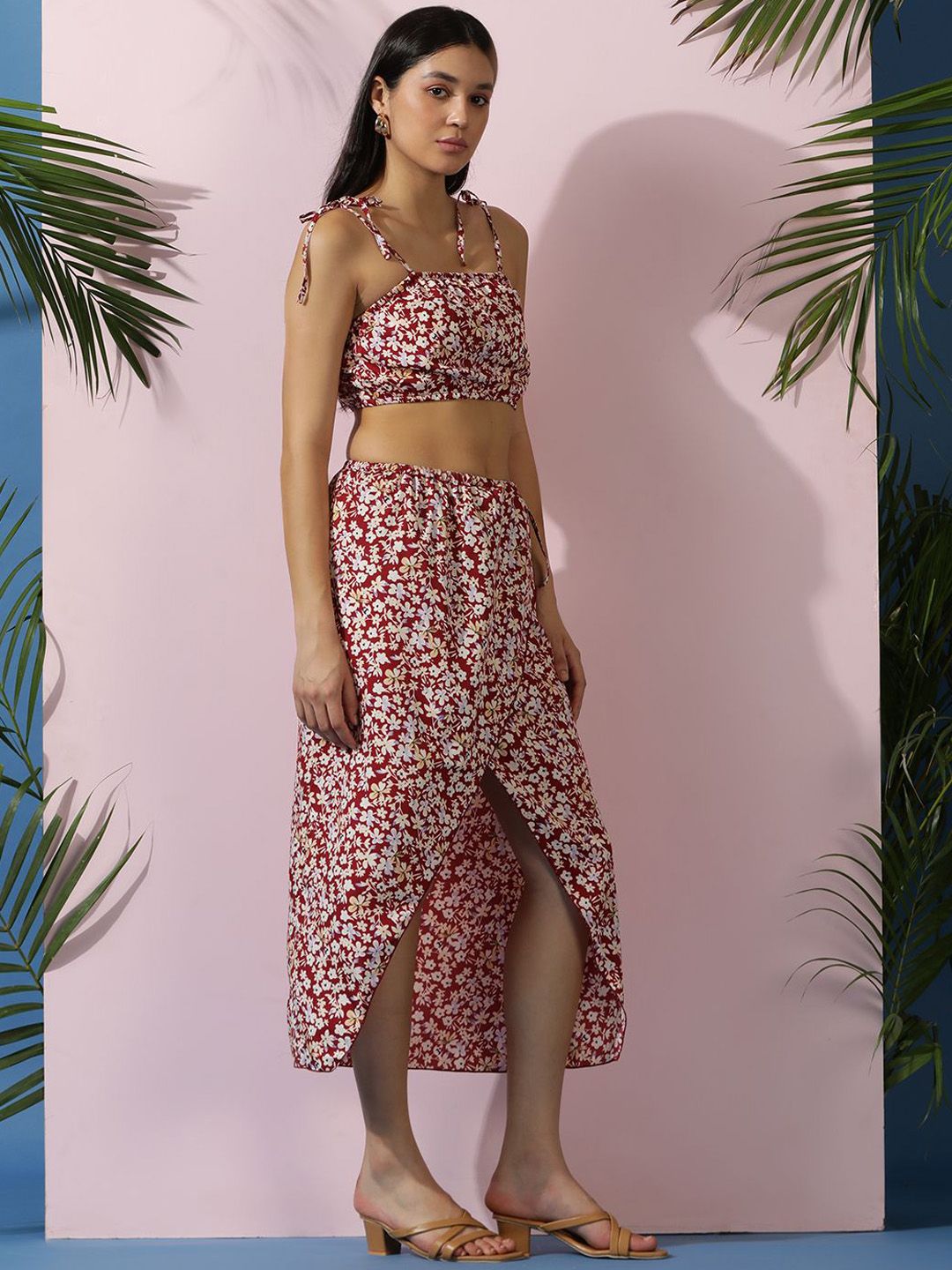 Kotty Red Floral Printed Shoulder Straps Top With Skirt