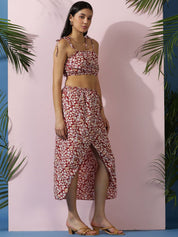 Kotty Red Floral Printed Shoulder Straps Top With Skirt
