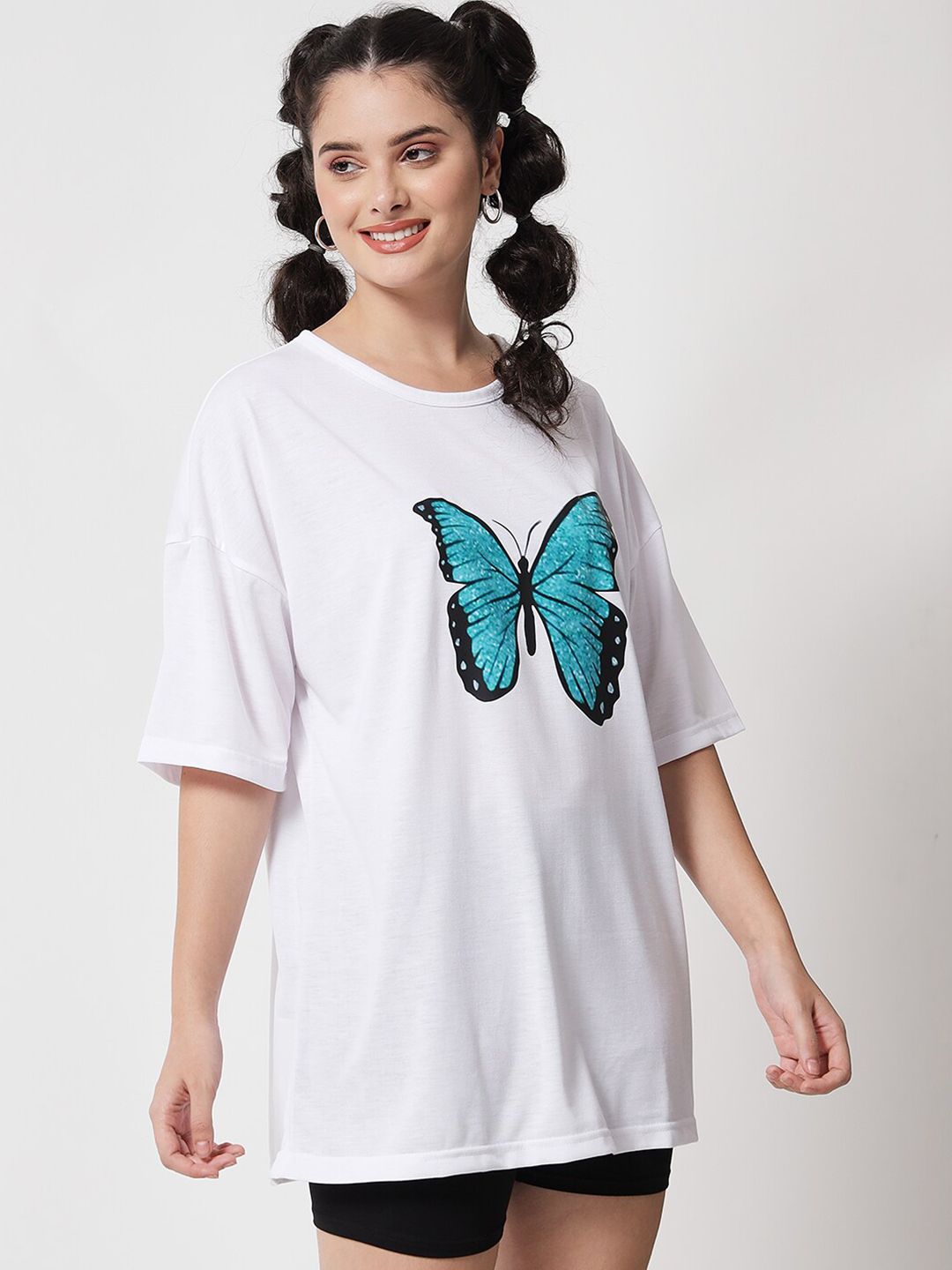 Kotty Women White Typography Printed Oversized T-shirt