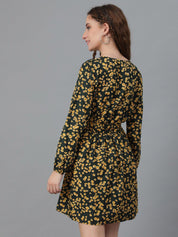 Kotty Olive Green Floral Print Puff Sleeve Fit & Flare Dress