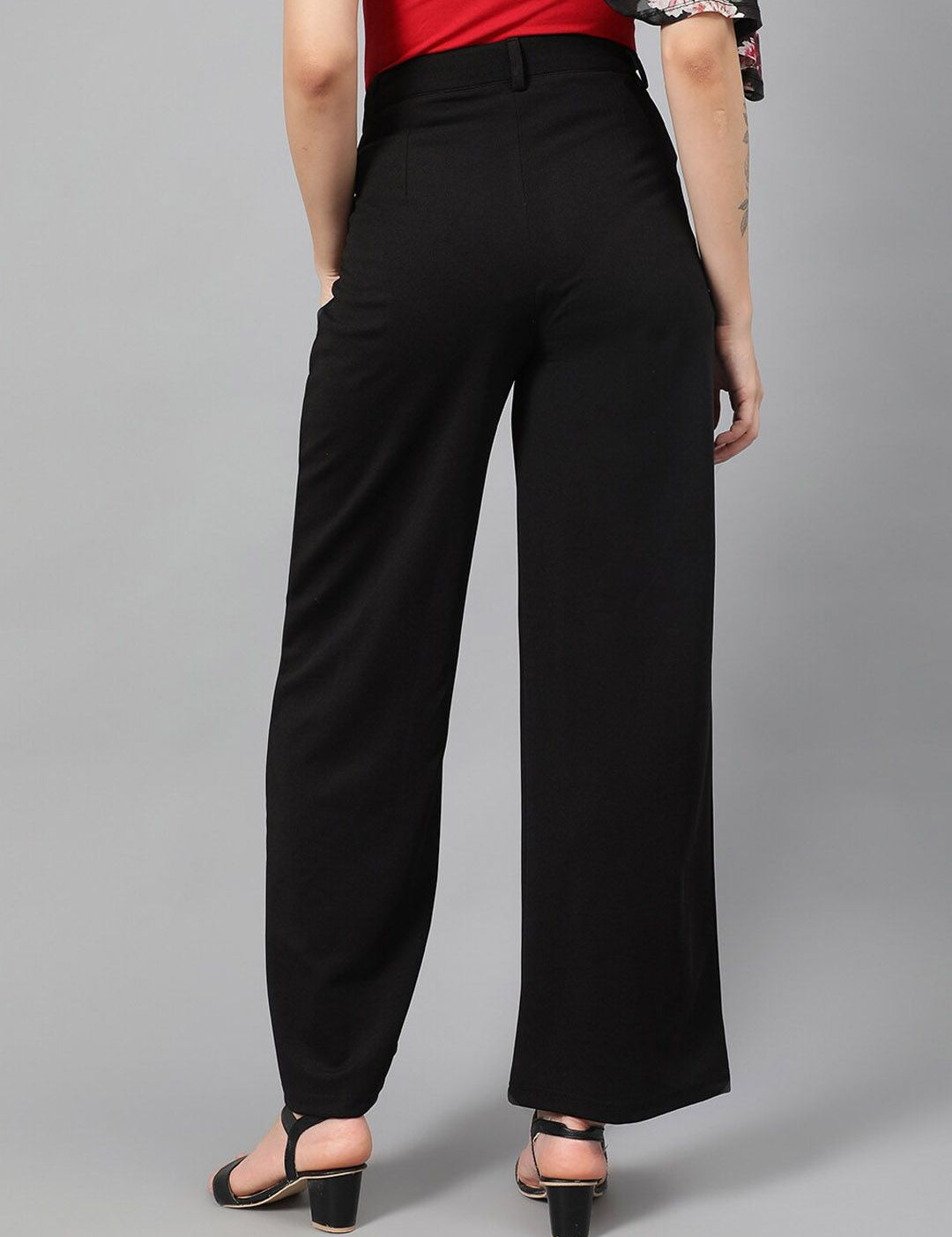 Kotty Women Black Relaxed Straight Leg Fit High-Rise Easy Wash Parallel Trousers