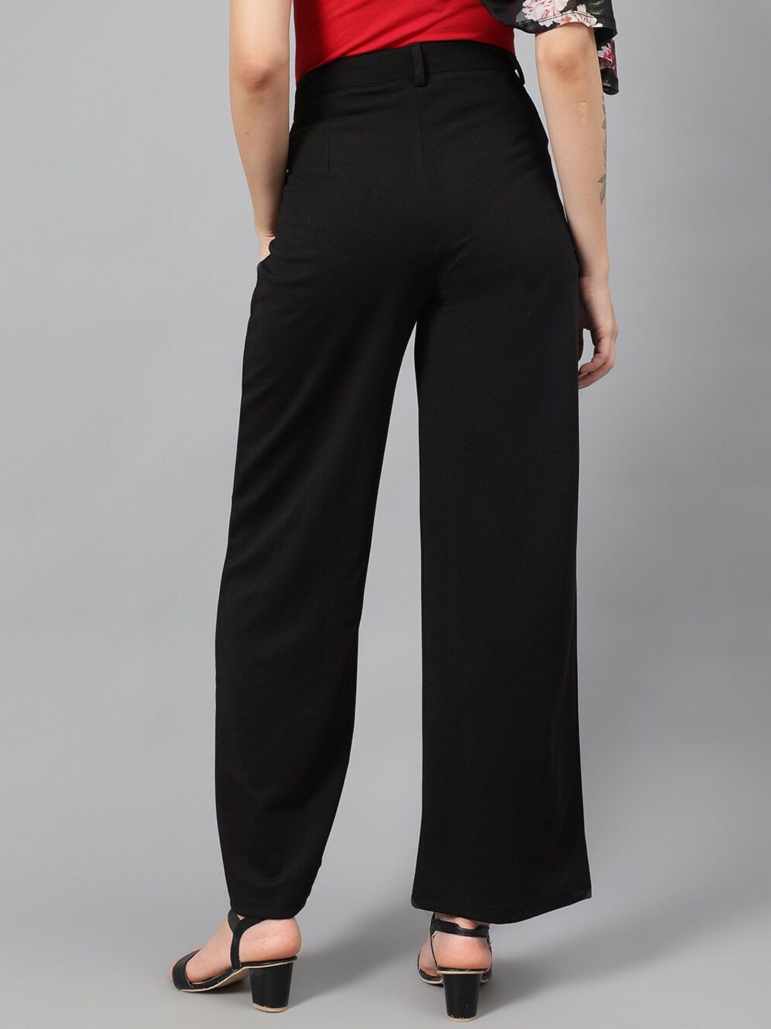Kotty Women Black Relaxed Straight Leg Fit High-Rise Easy Wash Parallel Trousers