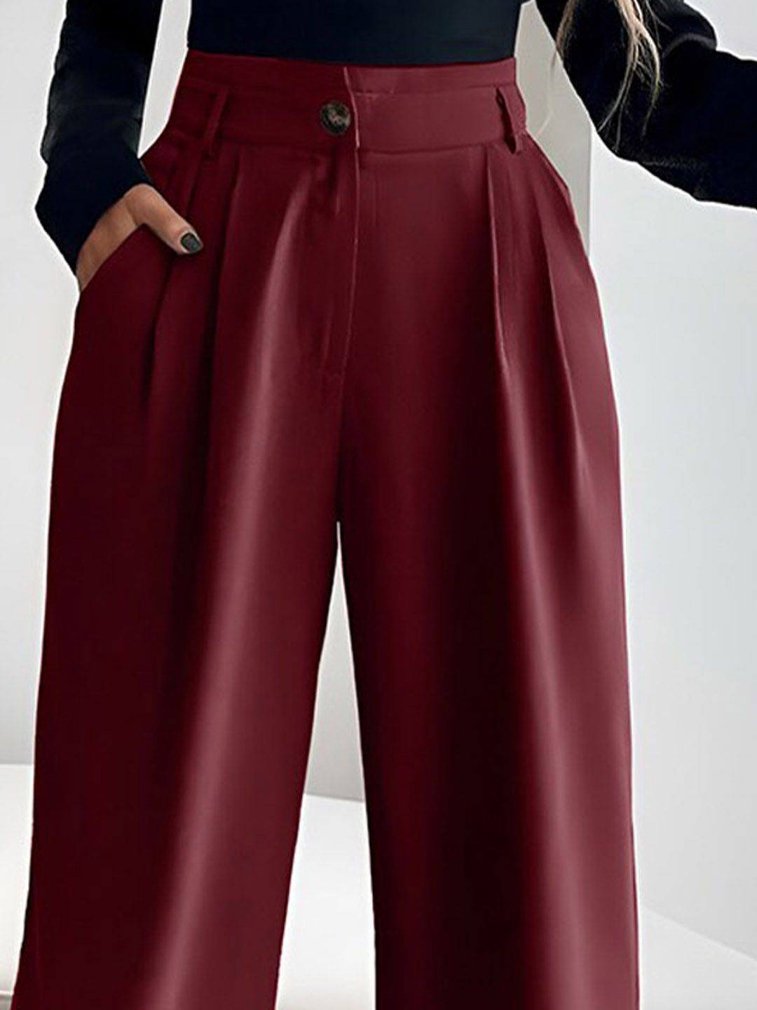 Maroon Relaxed Fit High-Rise Pleated Parallel Trousers