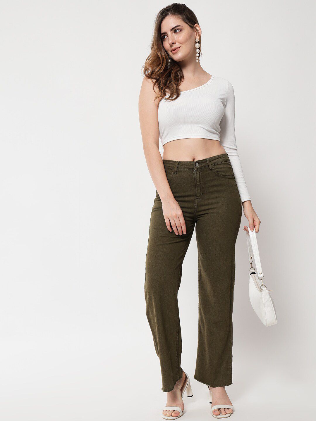 Kotty Women Olive Green Jean Straight Fit High-Rise Stretchable Jeans