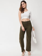 Kotty Women Olive Green Jean Straight Fit High-Rise Stretchable Jeans