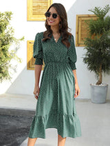 Kotty Green & White Geometric Printed Puffed Sleeves Tiered Fit & Flare Midi Dress