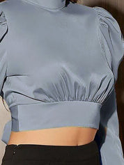 Kotty Puff Sleeves High Neck Styled Back Satin Crop Top