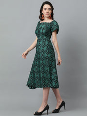 Kotty Green Ethnic Motifs Printed Square Neck Puffed Sleeves Fit & Flare Midi Dress