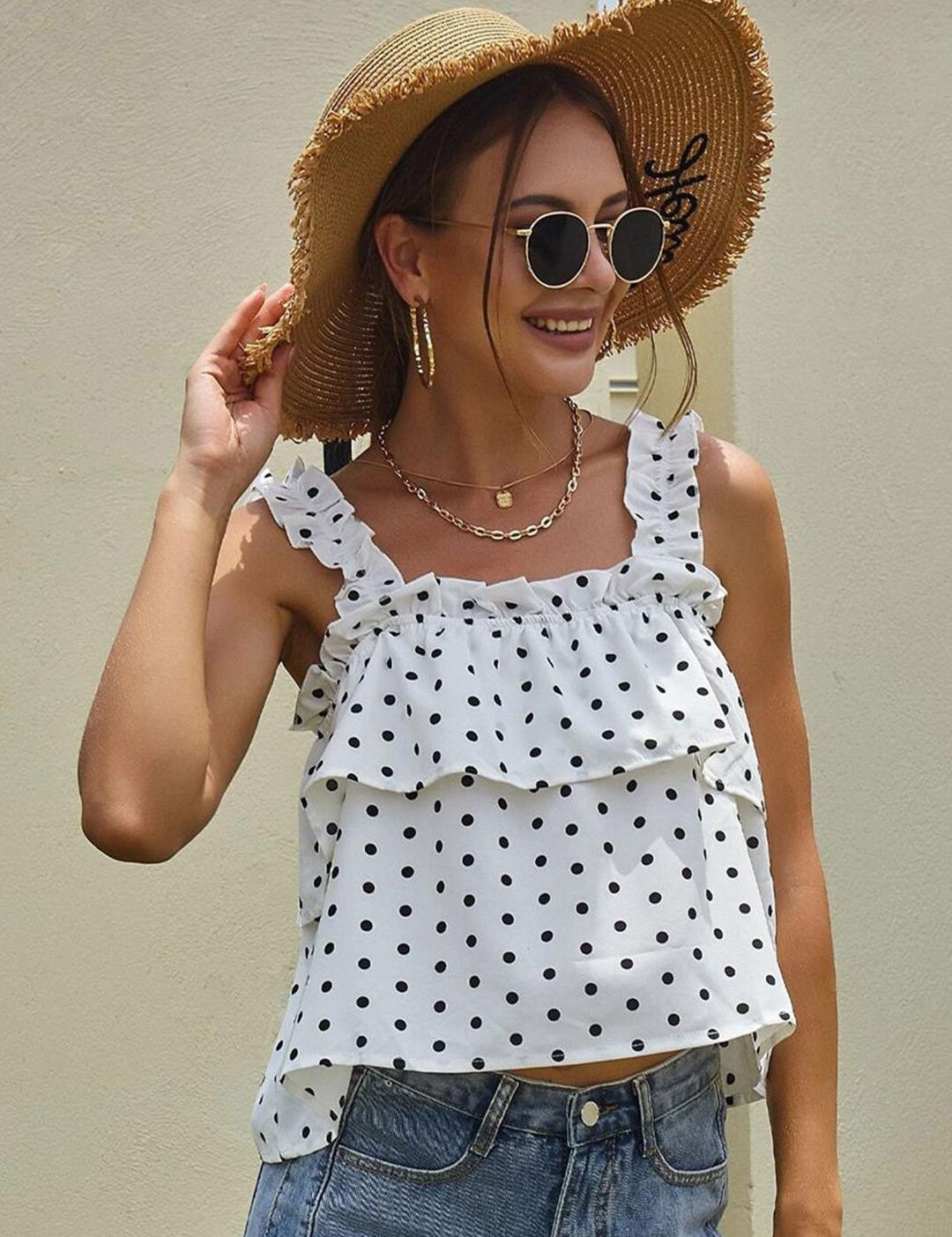 Kotty White & Black Polka Dot Printed Shoulder Strap Ruffled A-Line Crop Top