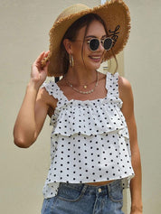 Kotty White & Black Polka Dot Printed Shoulder Strap Ruffled A-Line Crop Top