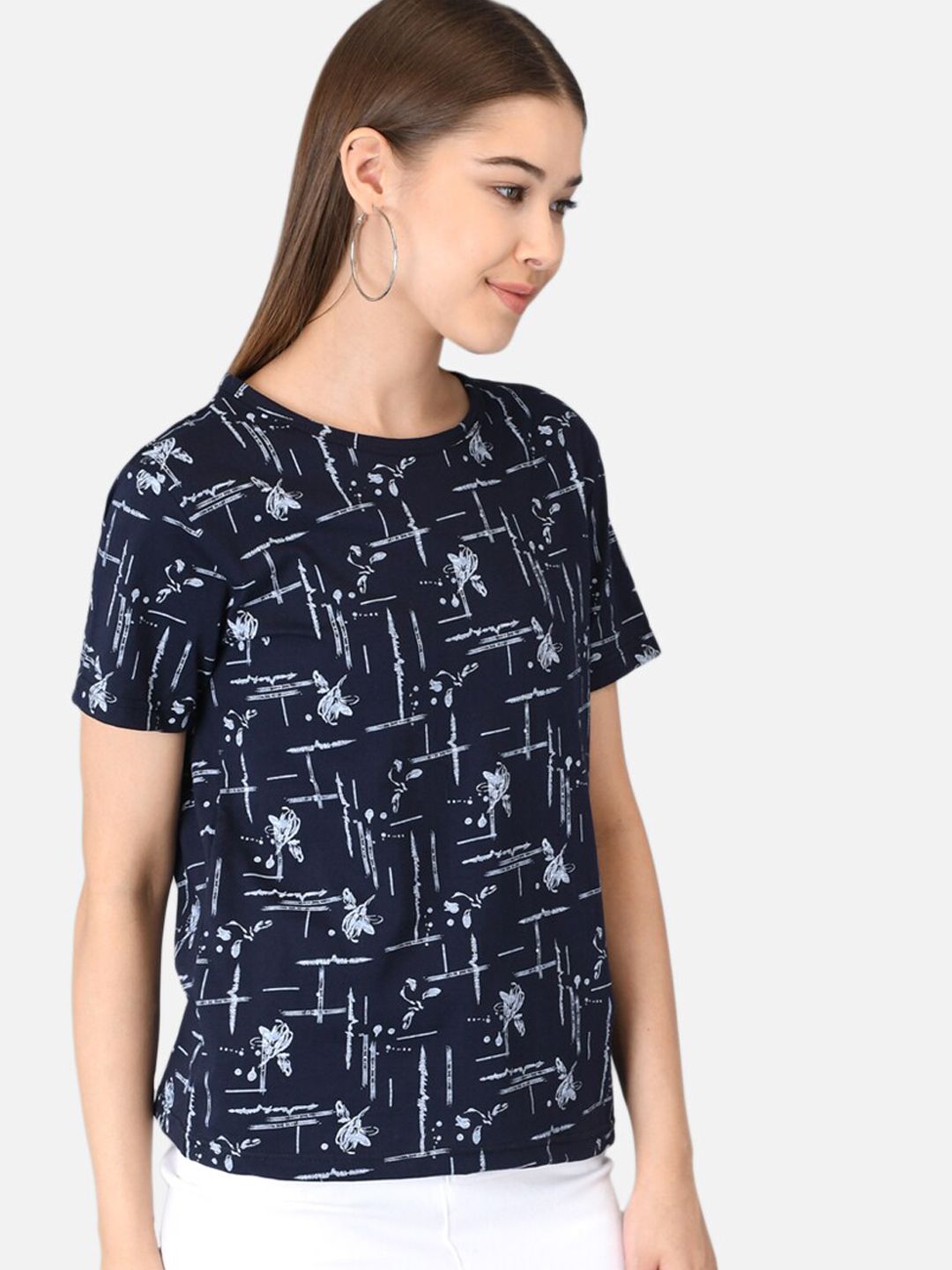 Kotty Women Blue Printed Round Neck T-shirt