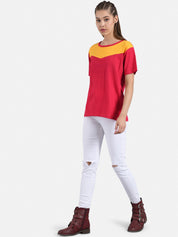 Kotty Women Pink & Mustard Yellow Colourblocked Boat Neck T-shirt