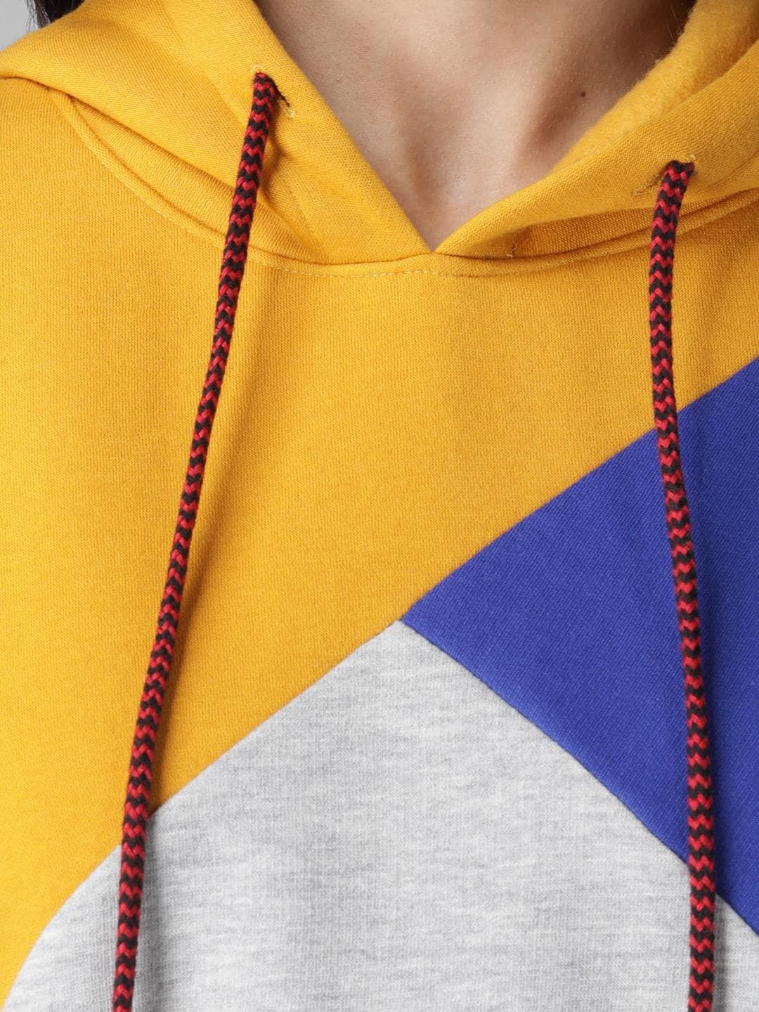 Kotty Women Yellow & Blue Colourblocked Hooded Sweatshirt
