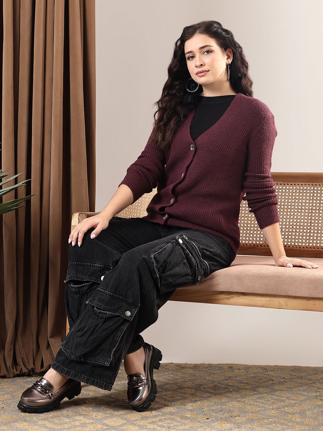 Kotty Women V-Neck Cotton Ribbed Cardigan