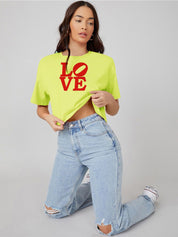Kotty Yellow Typography Printed Drop-Shoulder Sleeves Cotton Oversized Crop T-shirt