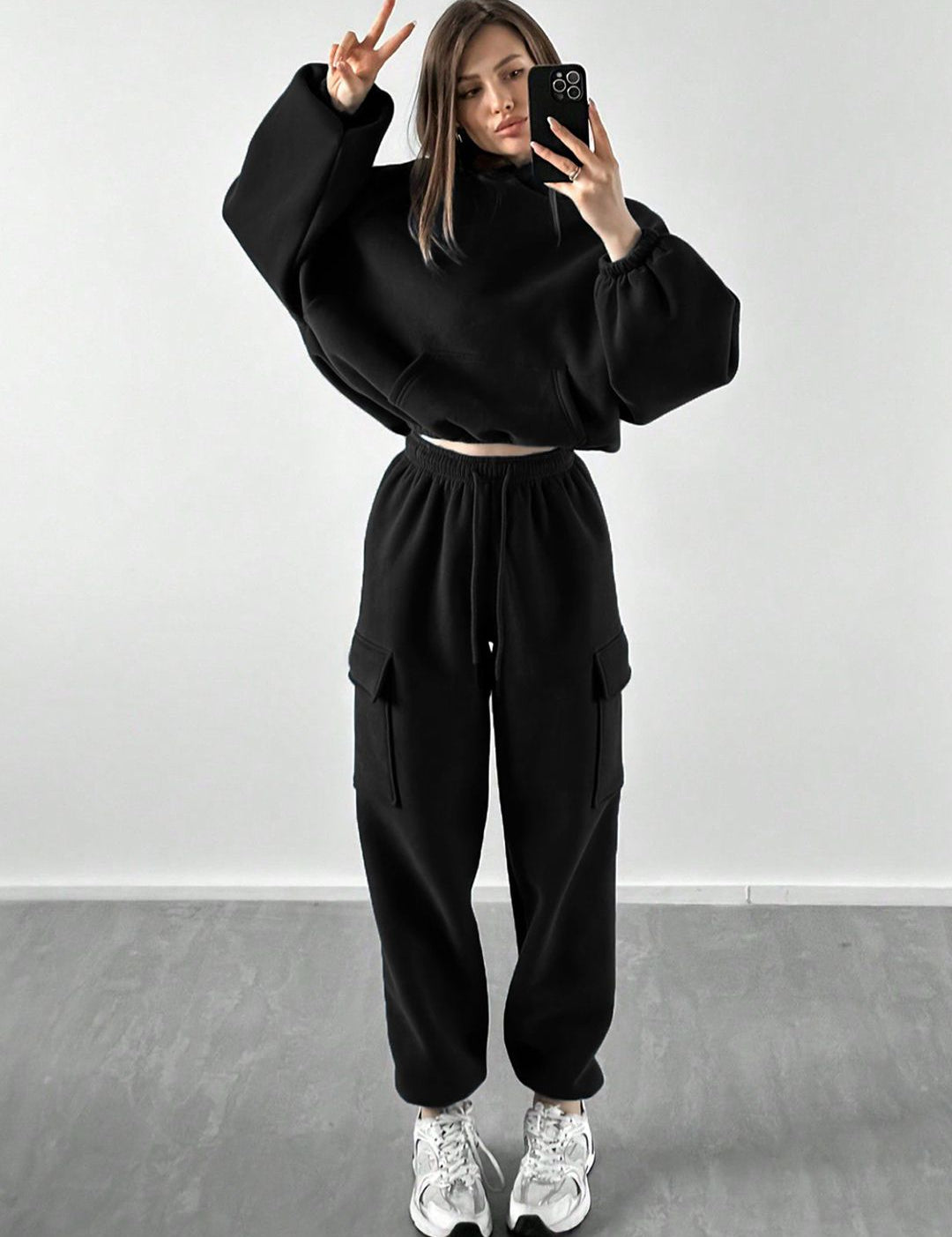 Kotty Women Solid Hood Collar Sweatshirt With Joggers Co-Ords