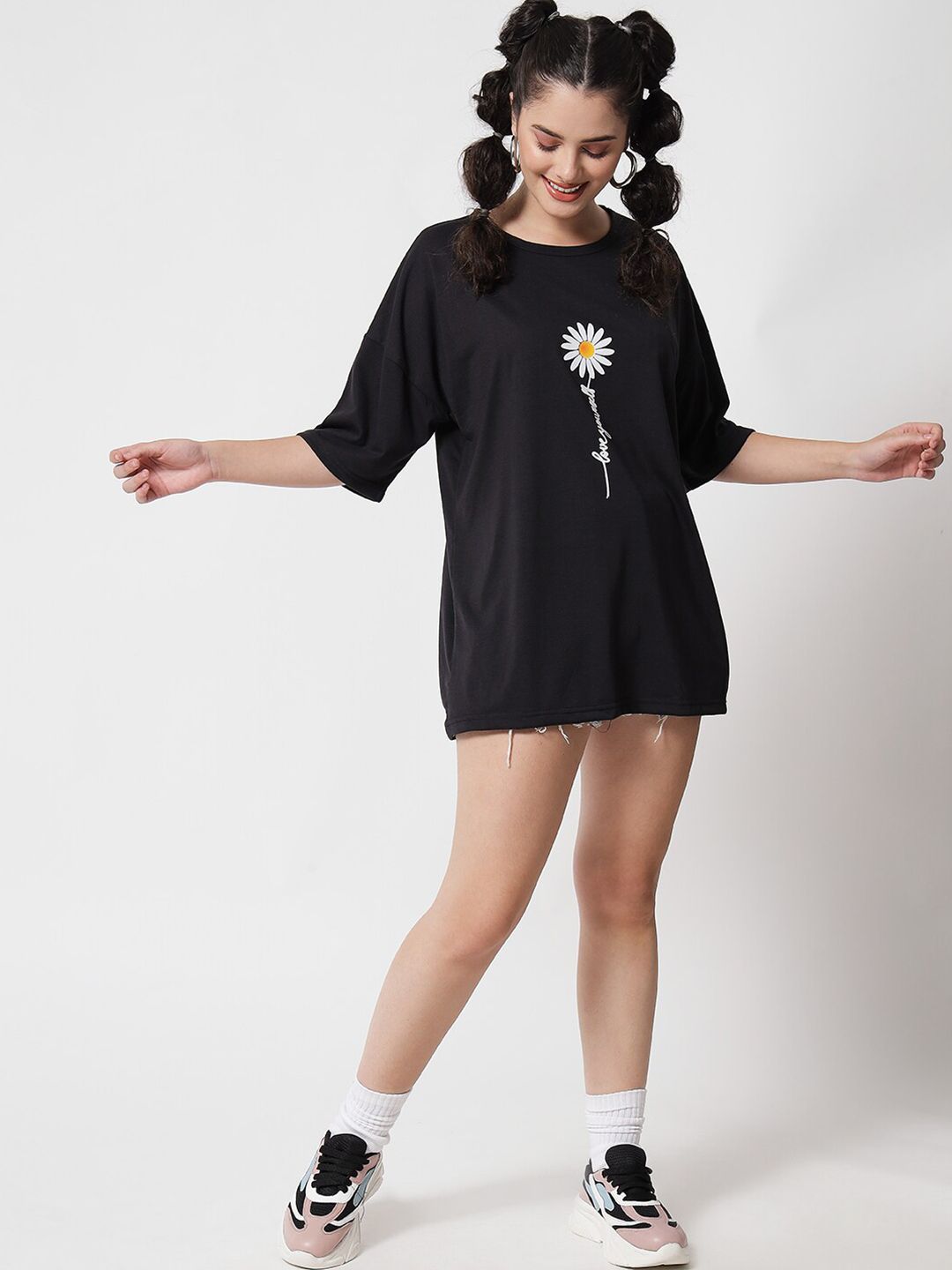 Kotty Women Black Typography Printed Drop-Shoulder Sleeves Applique Oversized T-shirt