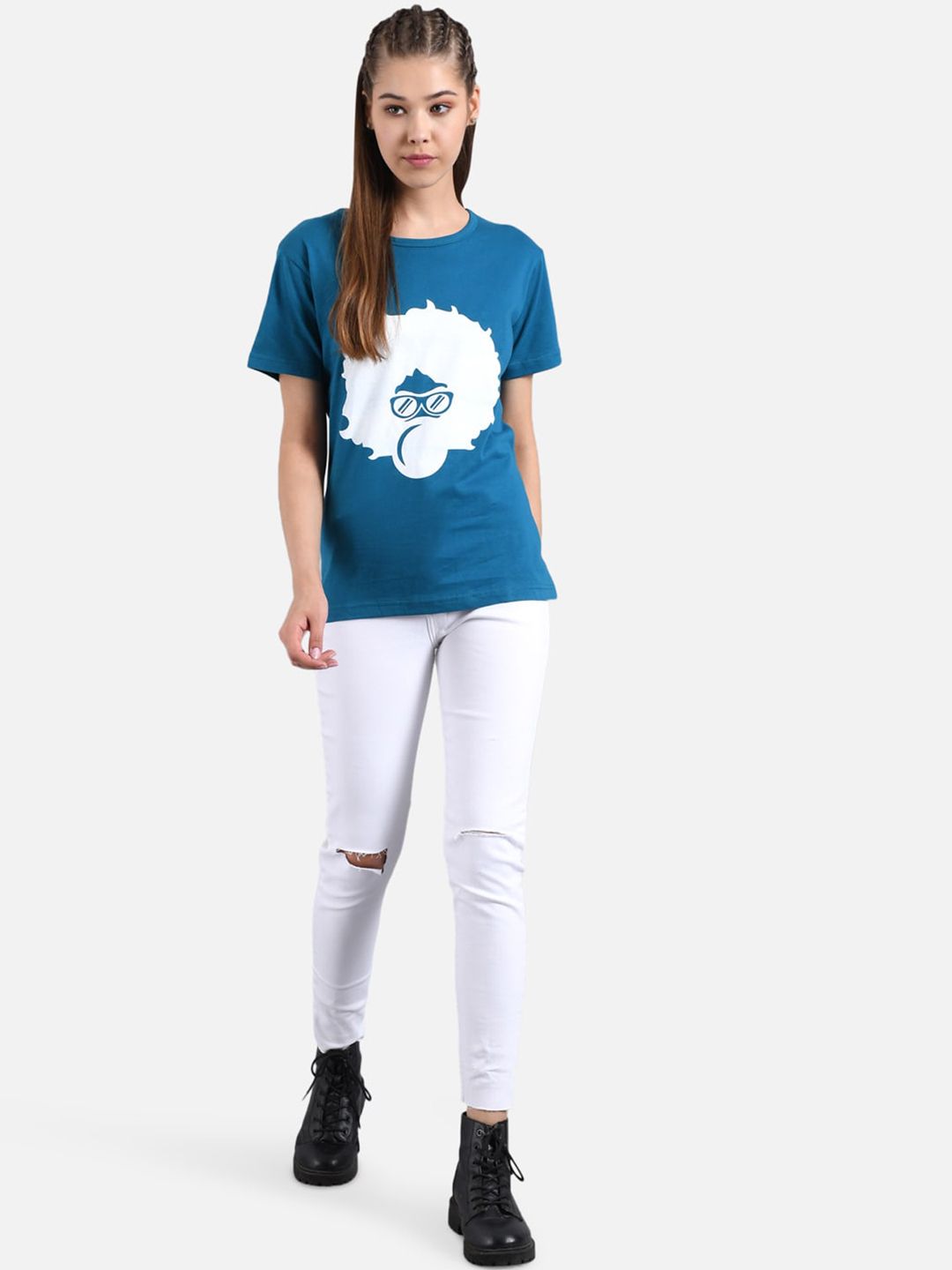 Kotty Women Teal Blue Printed Round Neck T-shirt