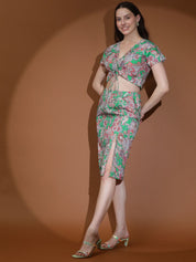 Kotty Green Floral Printed V-Neck Top & Skirt