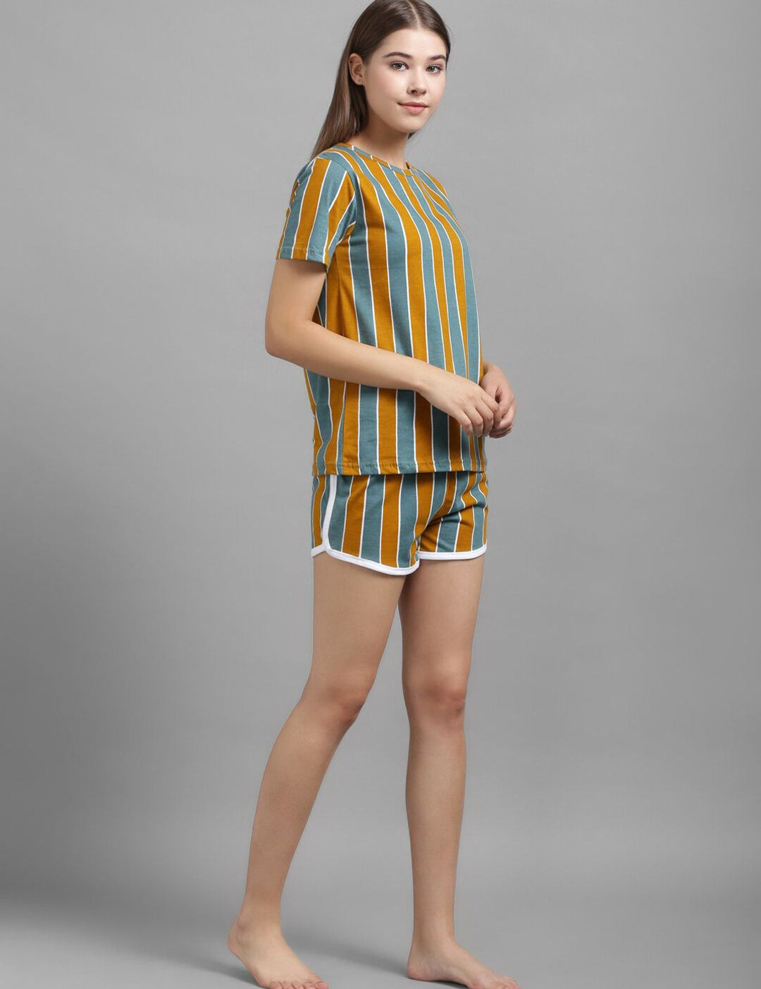 Kotty Women Mustard Yellow & Green Striped Night suit