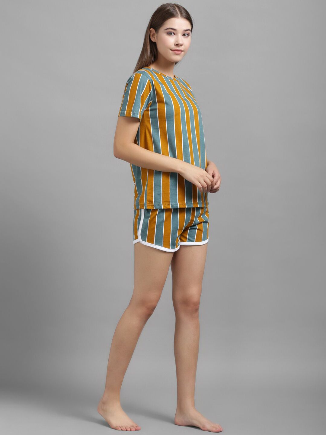 Kotty Women Mustard Yellow & Green Striped Night suit