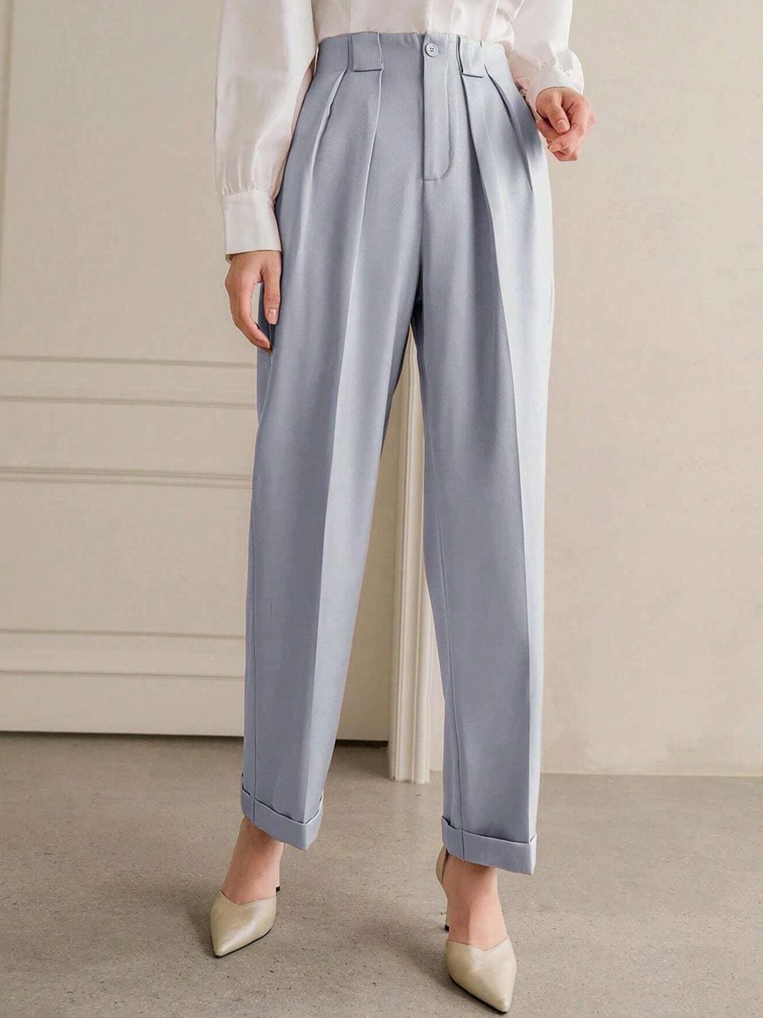 Kotty Women Striped Relaxed Straight Leg Straight Fit High-Rise Cotton Pleated Trousers