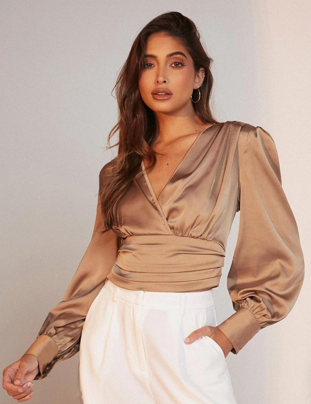 Kotty Brown Puff Sleeve Satin Wrap Top