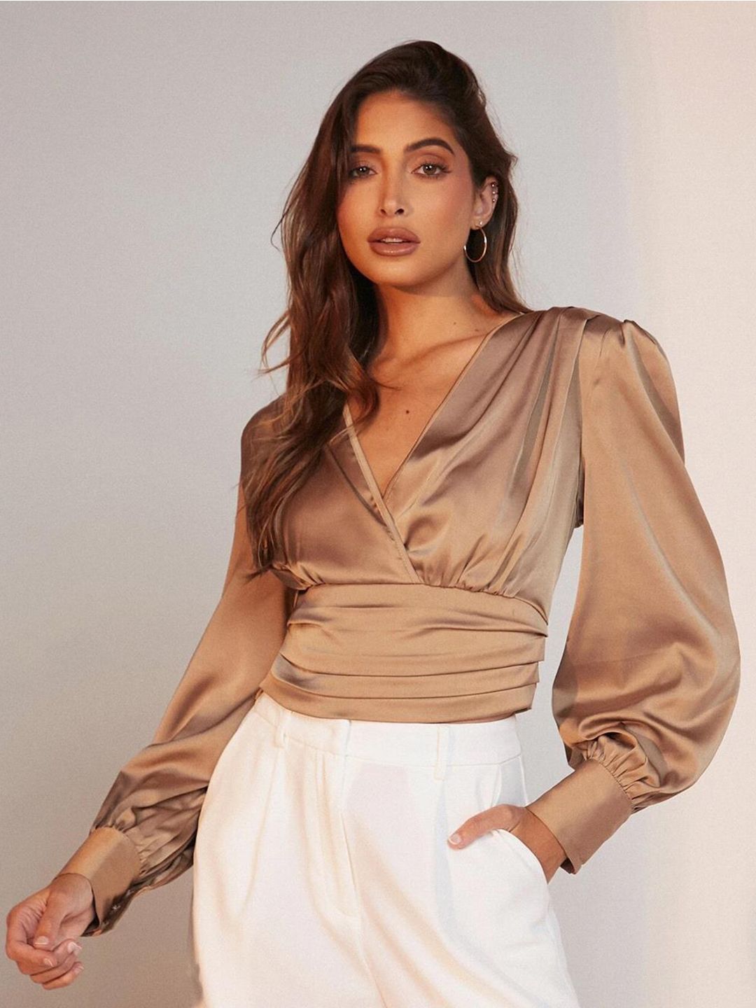 Kotty Brown Puff Sleeve Satin Wrap Top