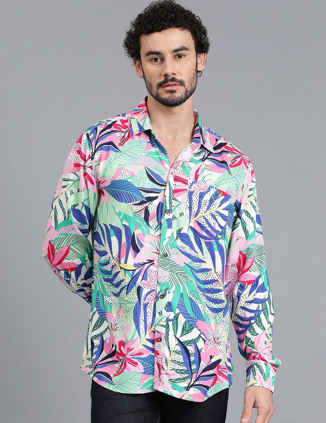 Kotty Blue & Green Floral Printed Relaxed Fit Casual Shirt