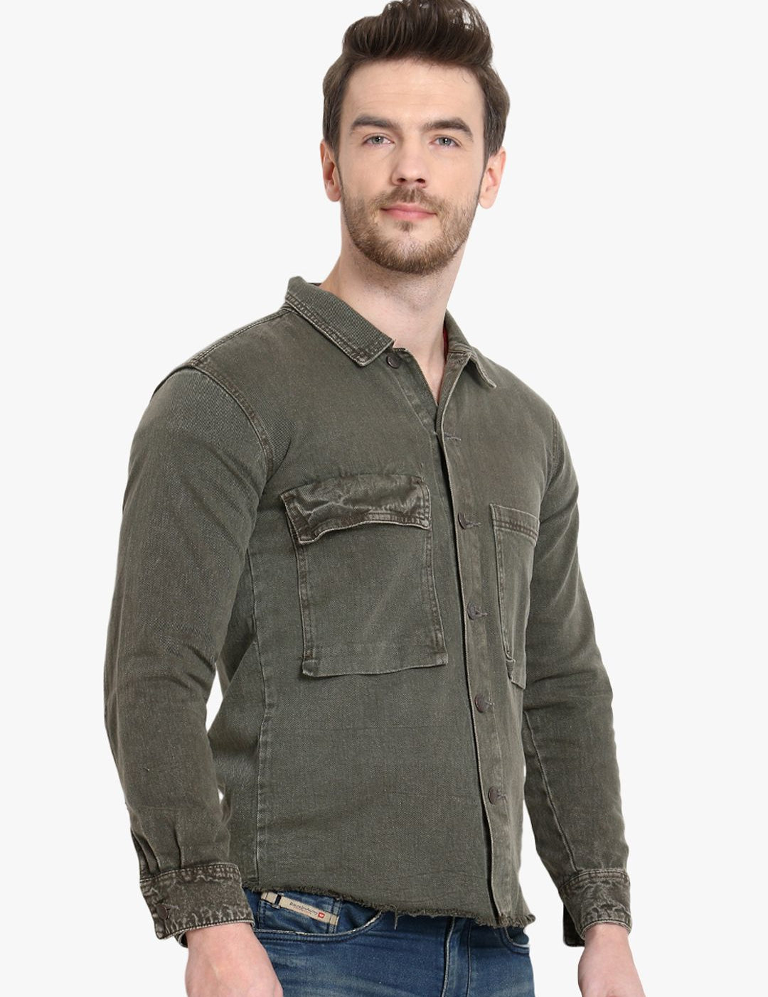 Kotty Men Olive Green Solid Denim Jacket