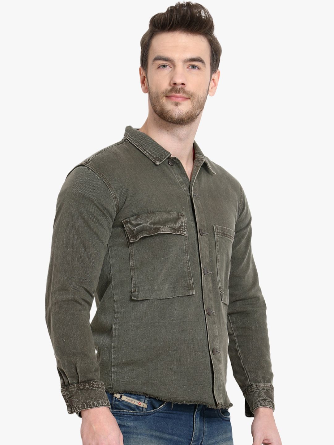 Kotty Men Olive Green Solid Denim Jacket