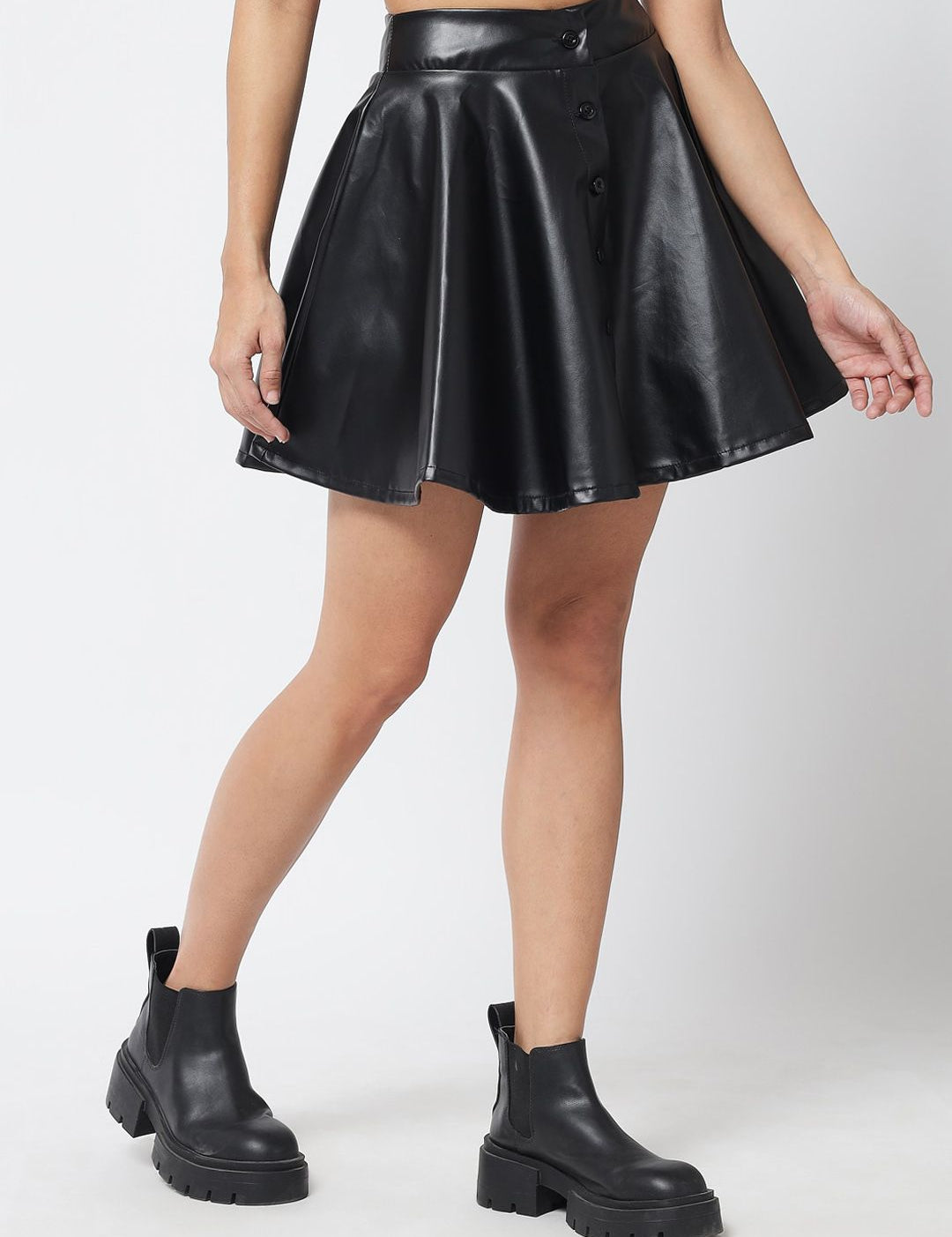 Kotty Women Black Solid Leather Flared Mini Skirt