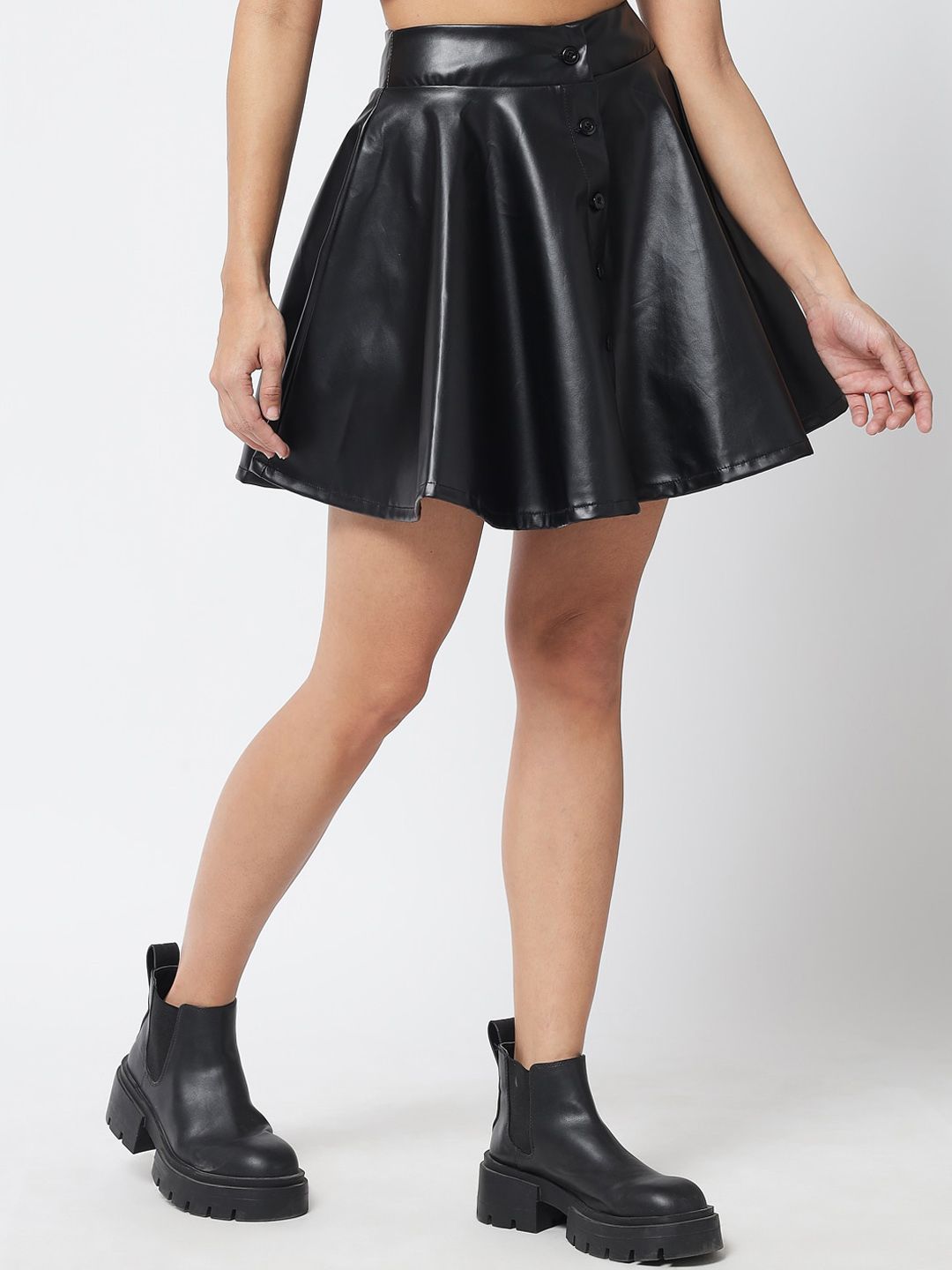 Kotty Women Black Solid Leather Flared Mini Skirt