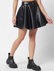 Kotty Women Black Solid Leather Flared Mini Skirt