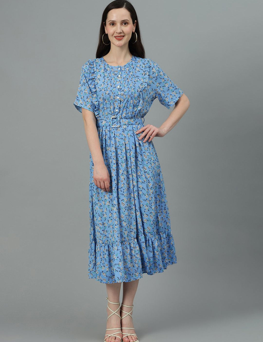 Kotty Blue Floral Printed Fit & Flare Midi Dress