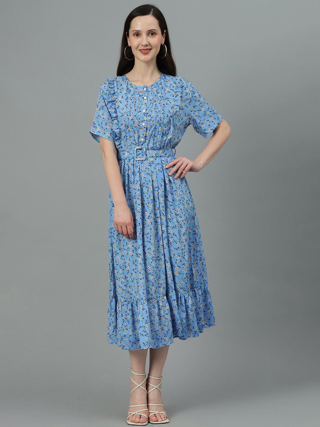 Kotty Blue Floral Printed Fit & Flare Midi Dress