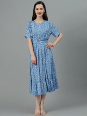 Kotty Blue Floral Printed Fit & Flare Midi Dress