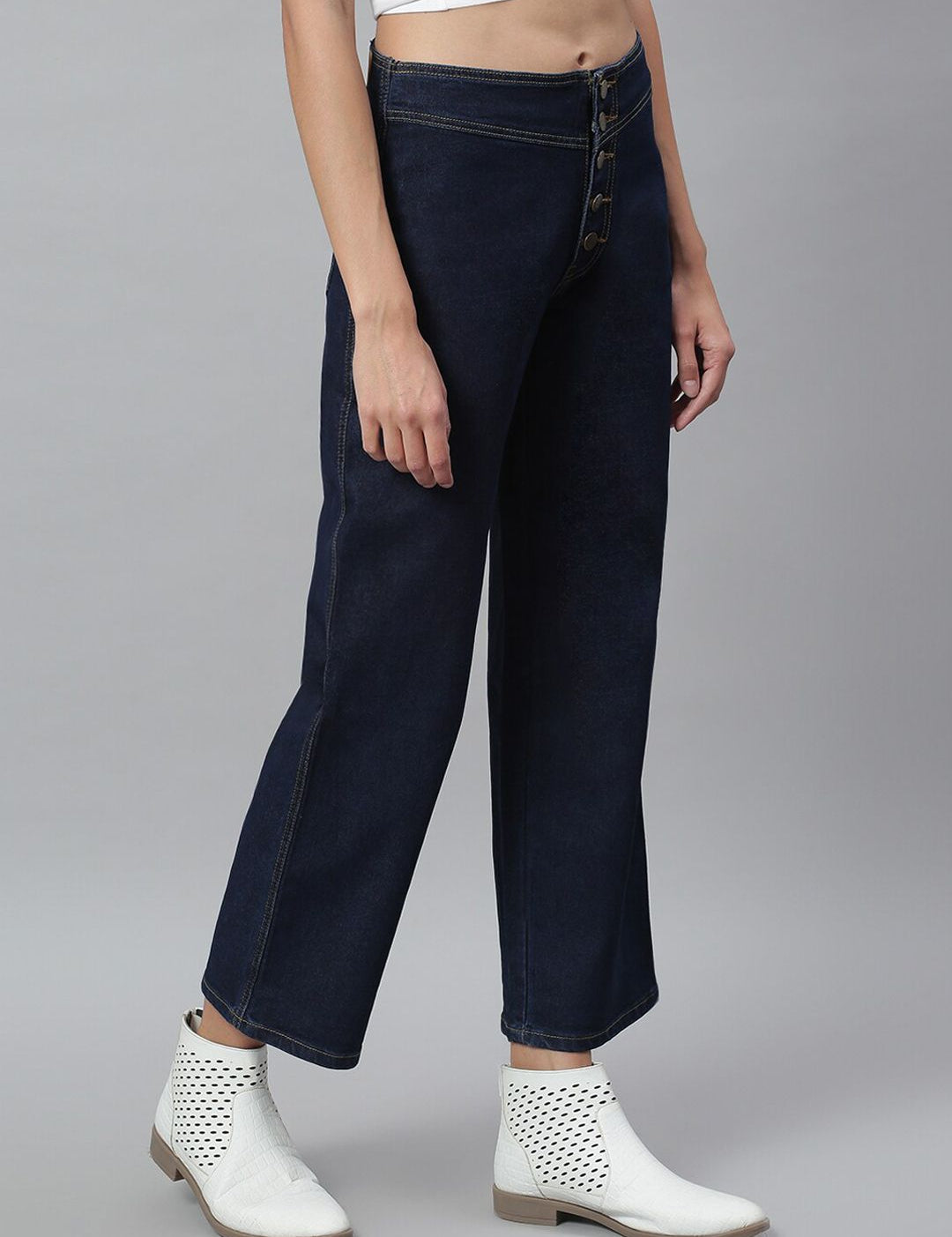 Kotty Women Navy Blue Solid Cotton High Rise Crop Flared Jeans