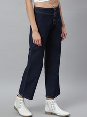 Kotty Women Navy Blue Solid Cotton High Rise Crop Flared Jeans