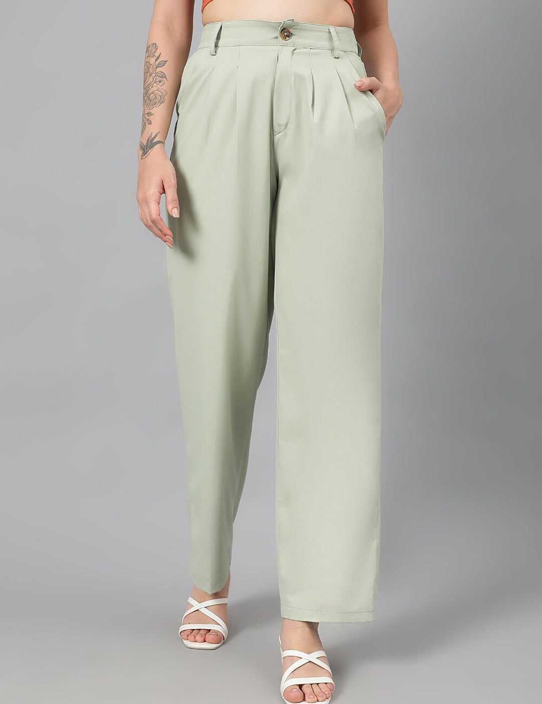 Kotty Women Green Relaxed Straight Leg Fit High-Rise Easy Wash Pleated Parallel Trousers