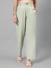 Kotty Women Green Relaxed Straight Leg Fit High-Rise Easy Wash Pleated Parallel Trousers