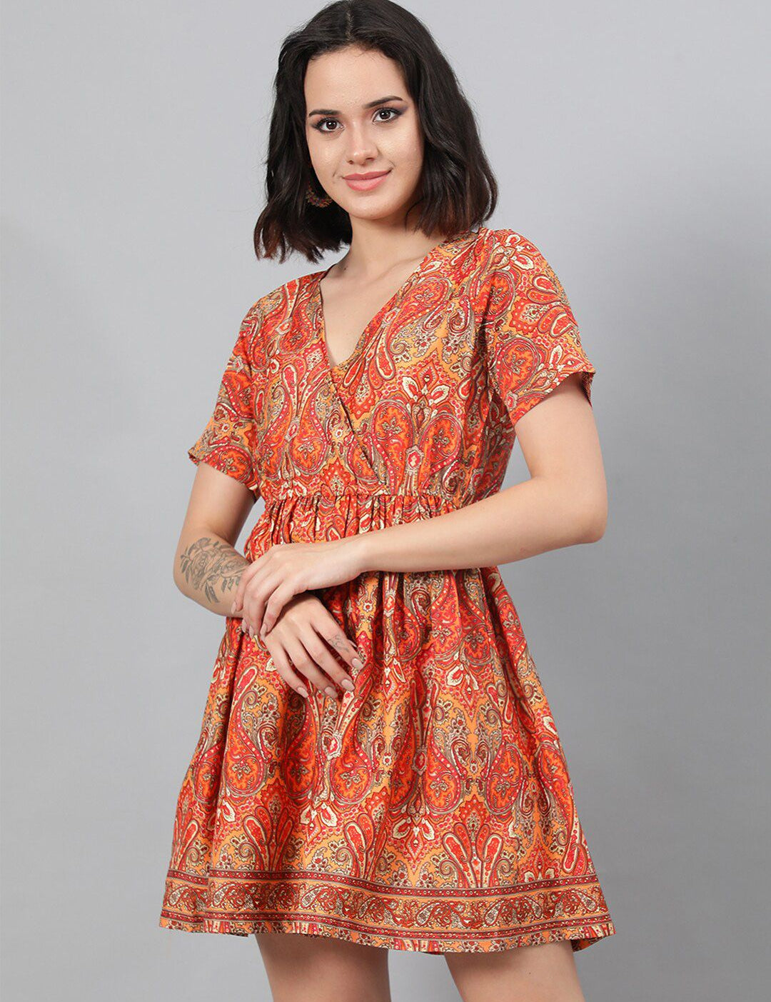 Kotty Orange Ethnic Motif Printed Fit & Flare Mini Dress