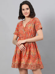 Kotty Orange Ethnic Motif Printed Fit & Flare Mini Dress