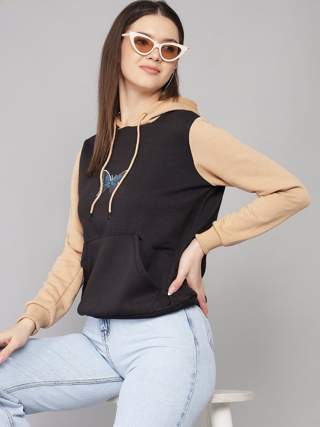 Kotty Women Black Printed Hooded Fleece Sweatshirt