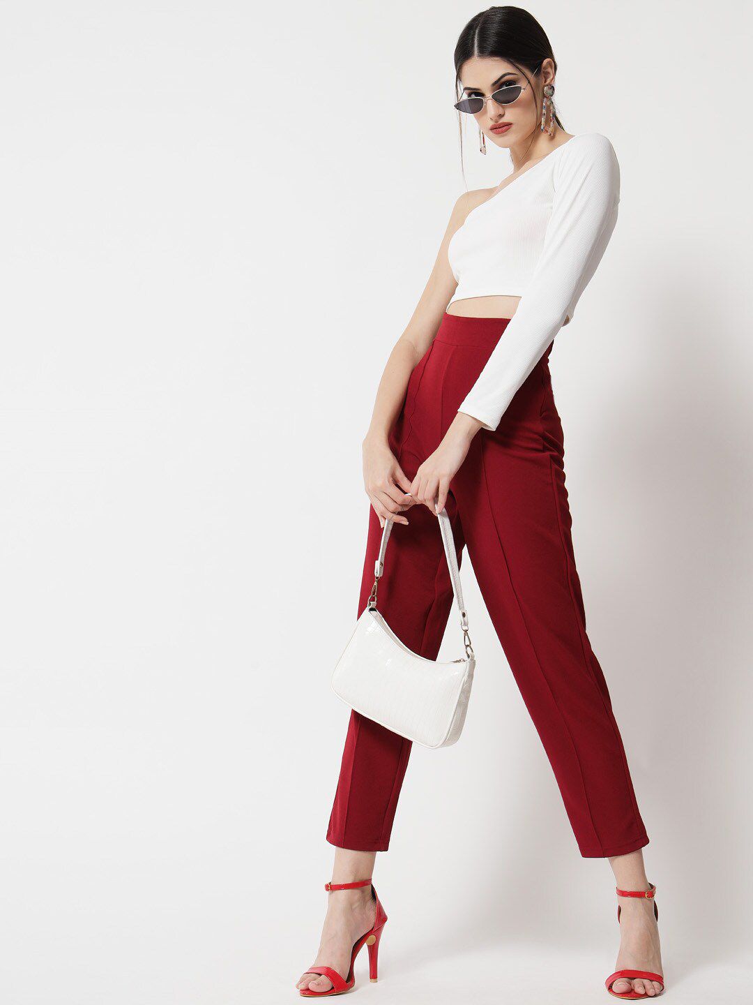 Kotty Women Maroon Cropped Relaxed Straight Fit High-Rise Easy Wash Pleated Trousers