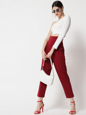 Kotty Women Maroon Cropped Relaxed Straight Fit High-Rise Easy Wash Pleated Trousers