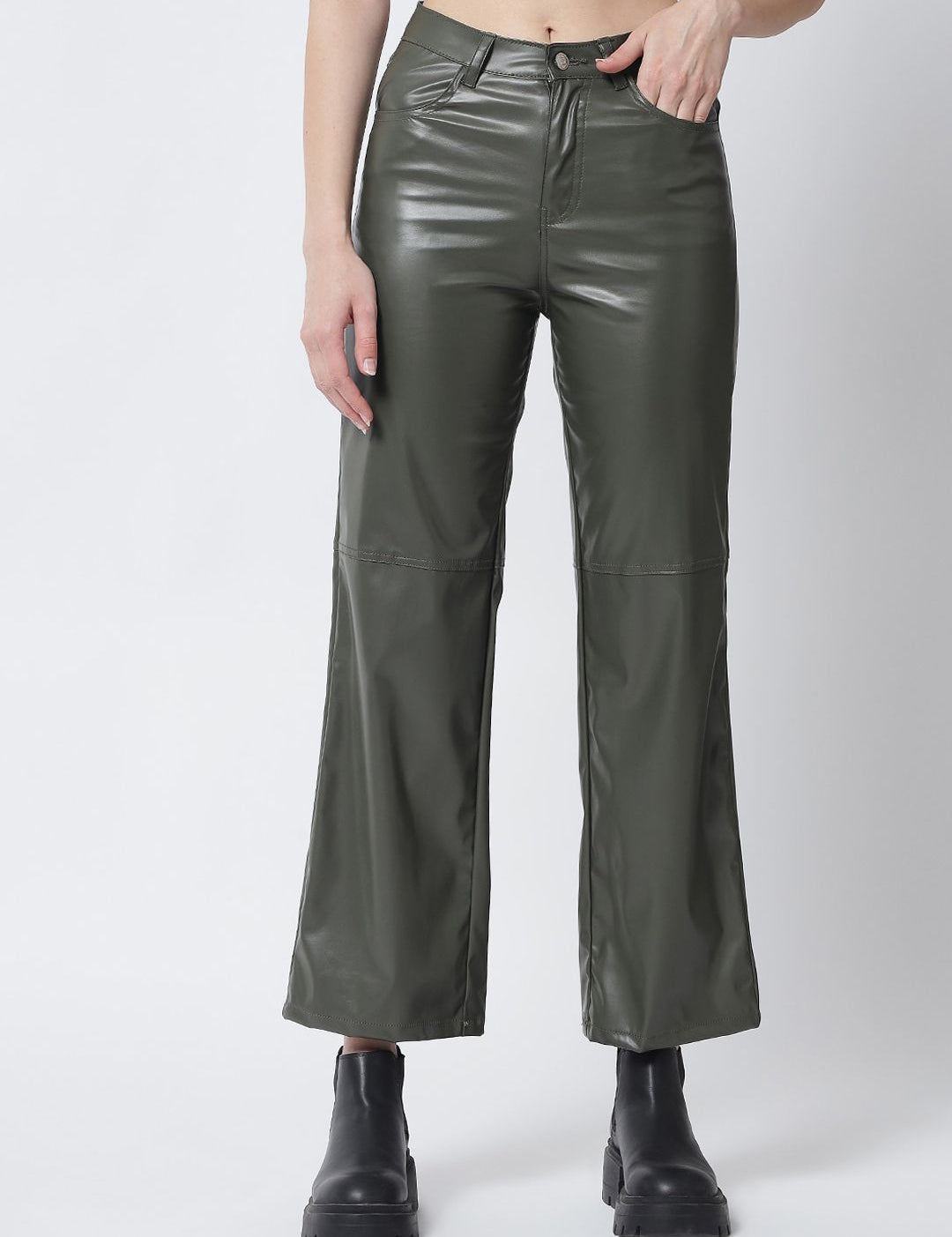 Kotty Women Olive Green Relaxed Straight Fit Trousers
