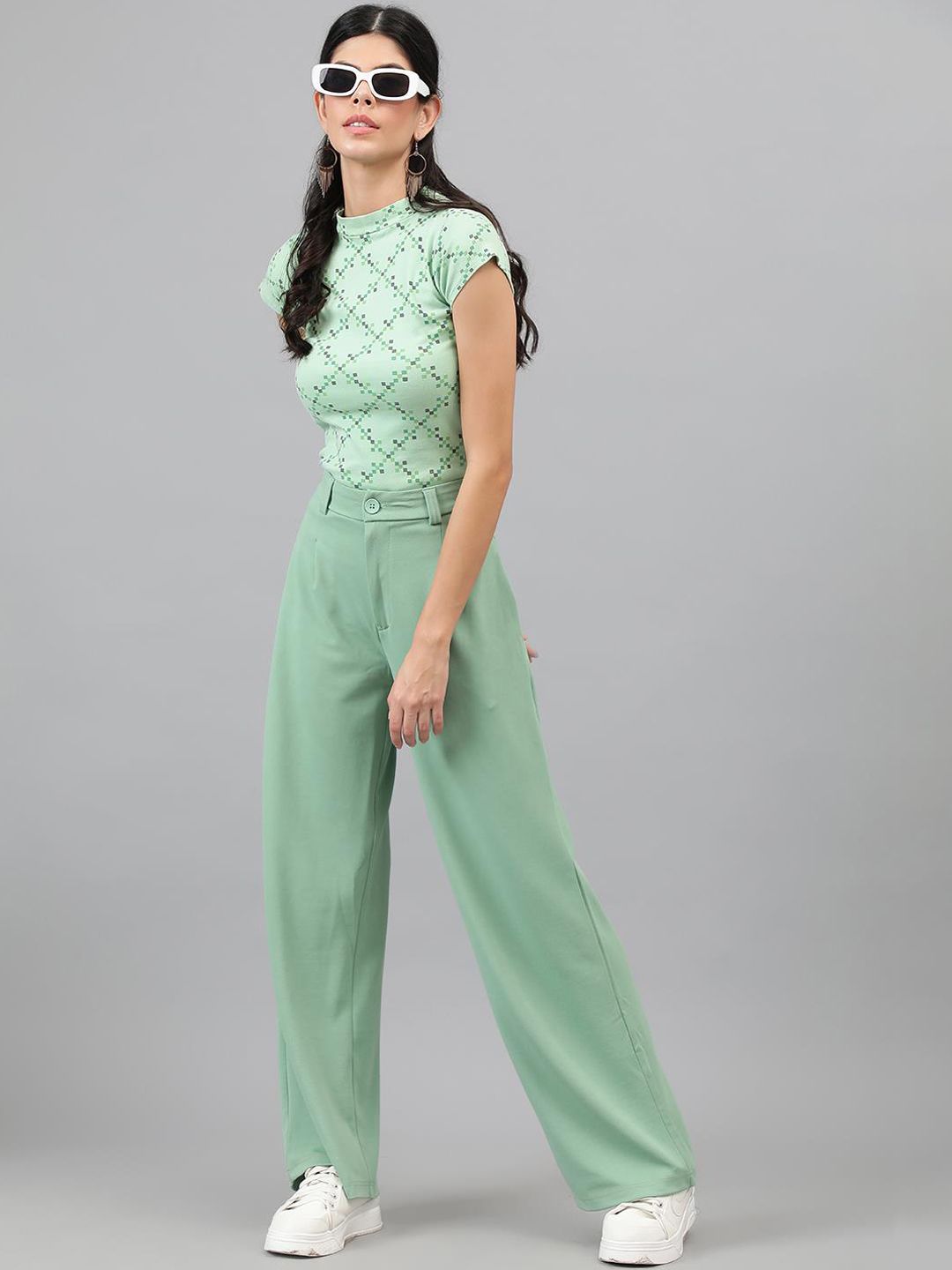 KOTTY BIZwear Women Light green Relaxed Straight Leg High-Rise Easy Wash Pleated Trousers
